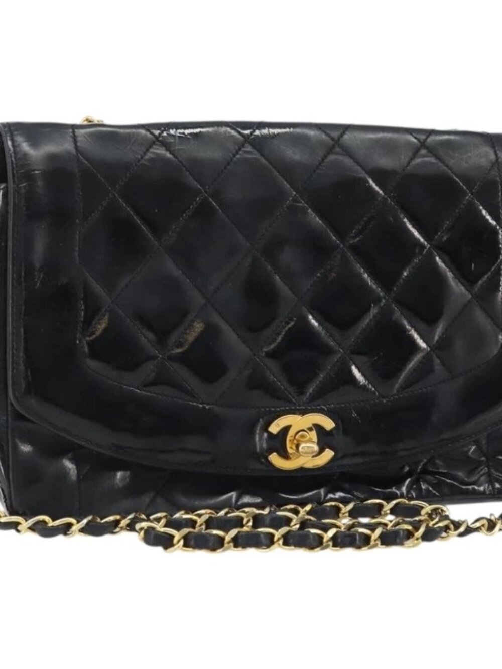 CHANEL Diana 25 Matelasse Chain Bag Patent Leather Black Gold CC Auth bs34314